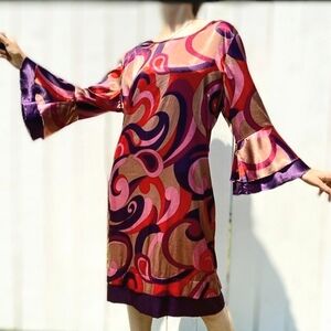 EUC MixIt Swirl Midi Dress Side Zip Bell Sleeves 💜🩷🧡 Sz.8